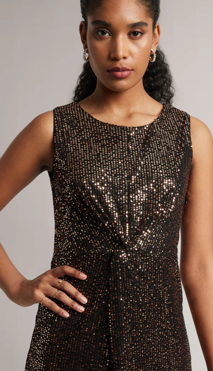 Black Poly Elastane Sequined A-Line Dress