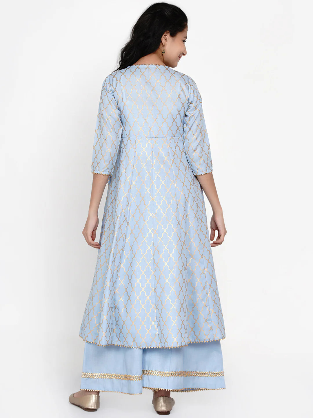 Girls Blue Printed Regular Kurta With Palazzos