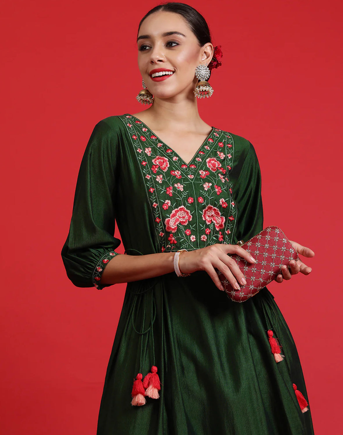 Green Embroidered A-Line Kurta Trousers Set