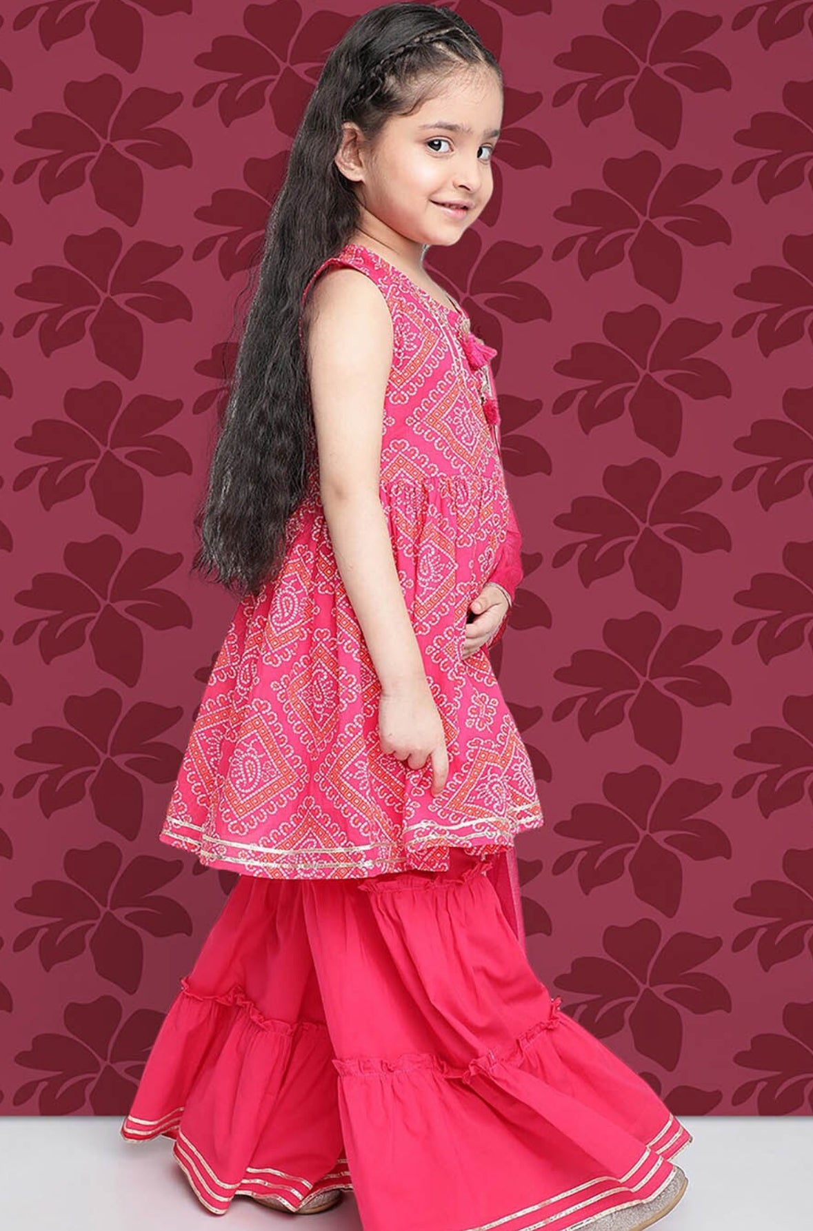 Girls Bandhani Printed A-Line Regular Gotta Patti Kurta With Sharara & Dupatta