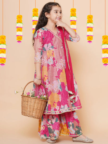 Girls Pink Floral Printed Angrakha Gotta Patti Kurta & Sharara set With Dupatta