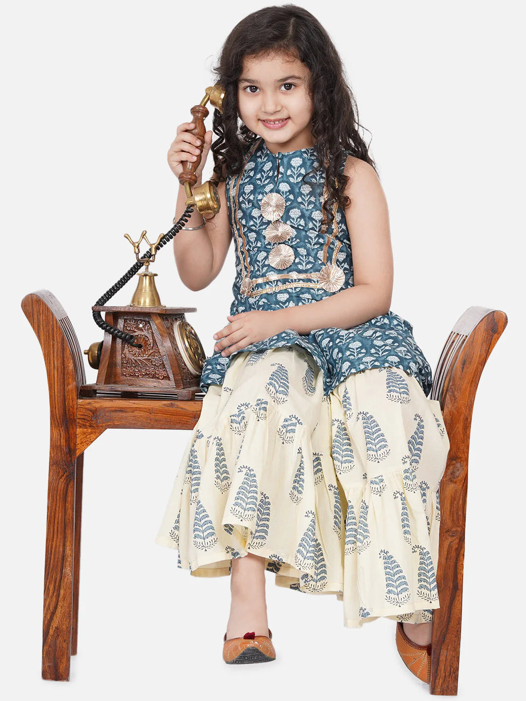 Girls Blue-Printed Kurta With Sharara