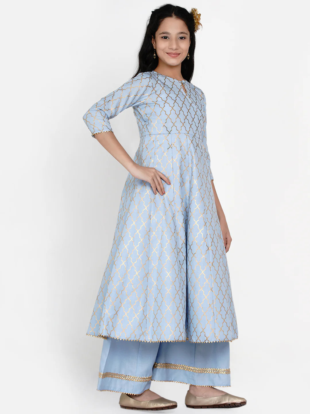 Girls Blue Printed Regular Kurta With Palazzos