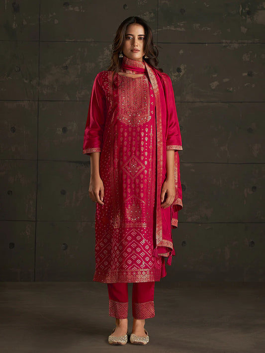 RED JACQUARD ETHNIC MOTIFS STRAIGHT KURTA SET