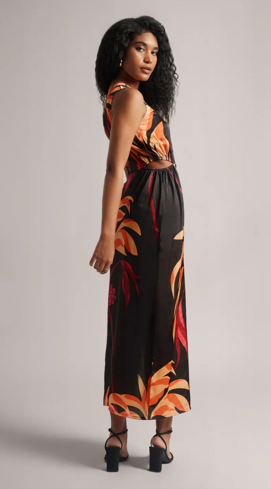 Black Satin Abstract Side Slit Maxi Dress