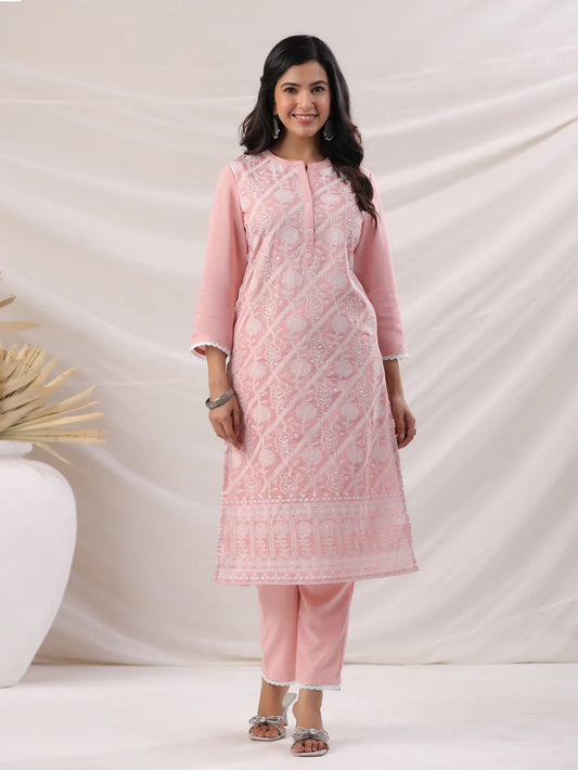 PEACH CHANDERI EMBROIDERED STRAIGHT KURTA SET