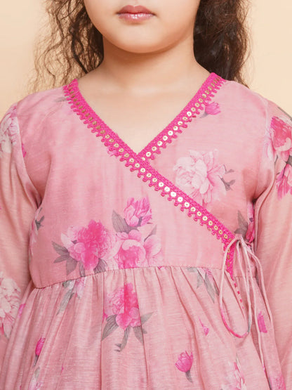 Girls Pink Printed Angrakha Kurta with Sharara