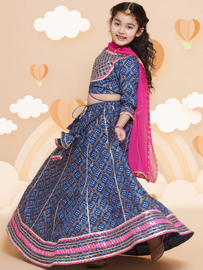 Girls Blue & Pink Printed Ready To Wear Lehenga & Blouse With Dupatta