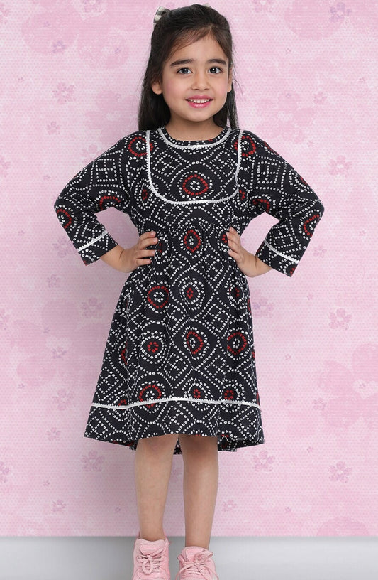 Girls Black Ethnic Print Pure Cotton Fit & Flare Dress