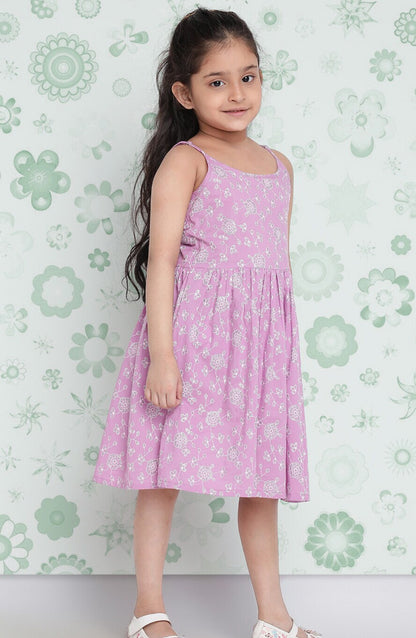 Girls Lavender Floral Printed Cotton Fit & Flare Dress