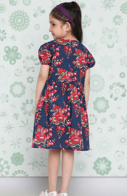 Girls Navy Blue Floral Printed Cotton A-Line Dress