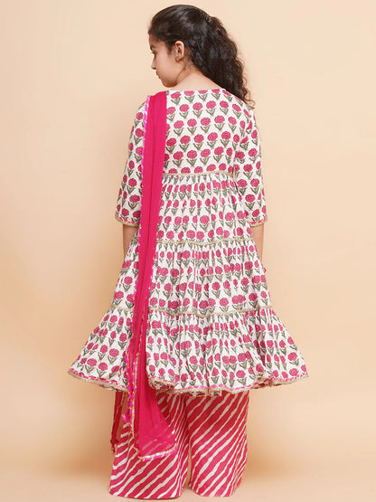 Girls Off-white Pink Printed Round- Neck Kurta with Plazzo with Dupatta