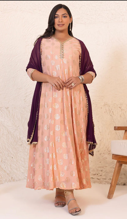 Peach Georgette Foil Printed Anarkali Kurta and Dupatta