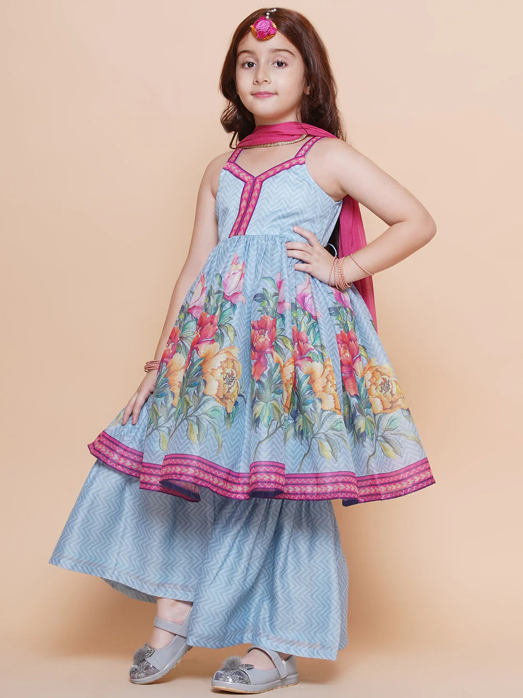 Girls Blue Floral Printed Kurta With Sharara with Dupatta