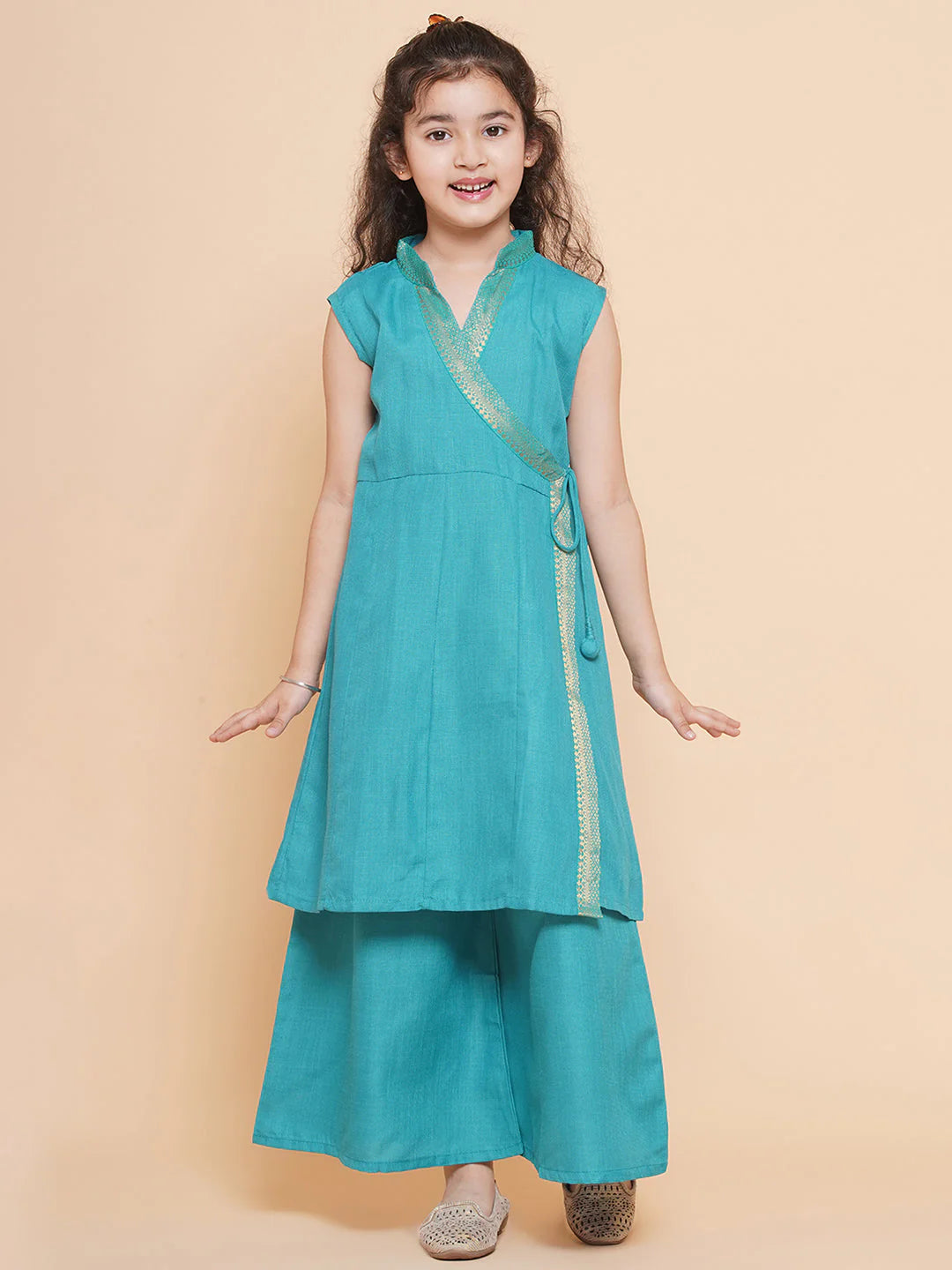 Girls Sea Green Angrakha Kurta With Palazzos