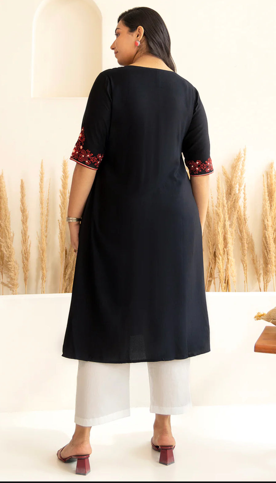 Plus Size Black Rayon Yoke Embroidered A-line kurta