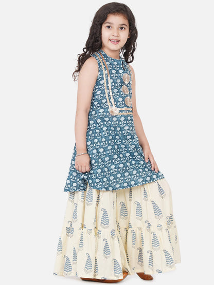 Girls Blue-Printed Kurta With Sharara