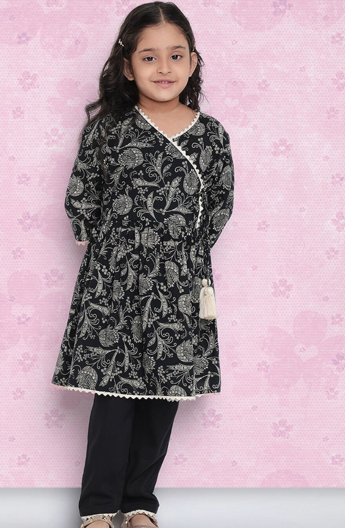 Girls Black Ethnic Motifs Printed Angrakha Gotta Patti Kurta With Trousers