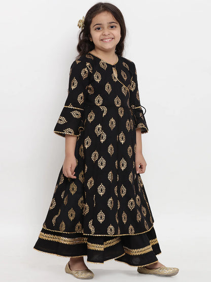 Girls Black Foil Printed Angrakha Kurta With Palazzos