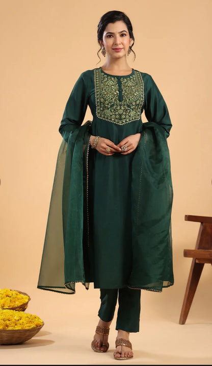 Dark Green Chinnon Yoke Embroidery Pleated Kurta Set