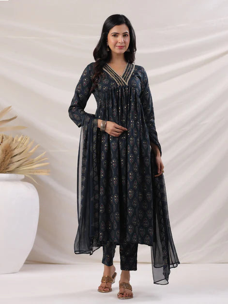 Teal Viscose Blend Ethnic Motifs Gathered Kurta Set