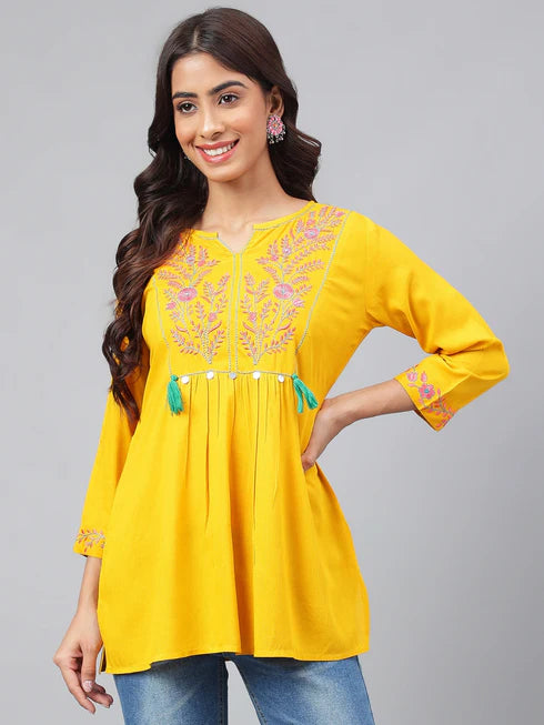 Mustard Cotton Yoke Embroidery Regular Kurta