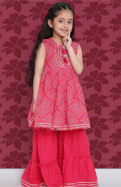 Girls Bandhani Printed A-Line Regular Gotta Patti Kurta With Sharara & Dupatta