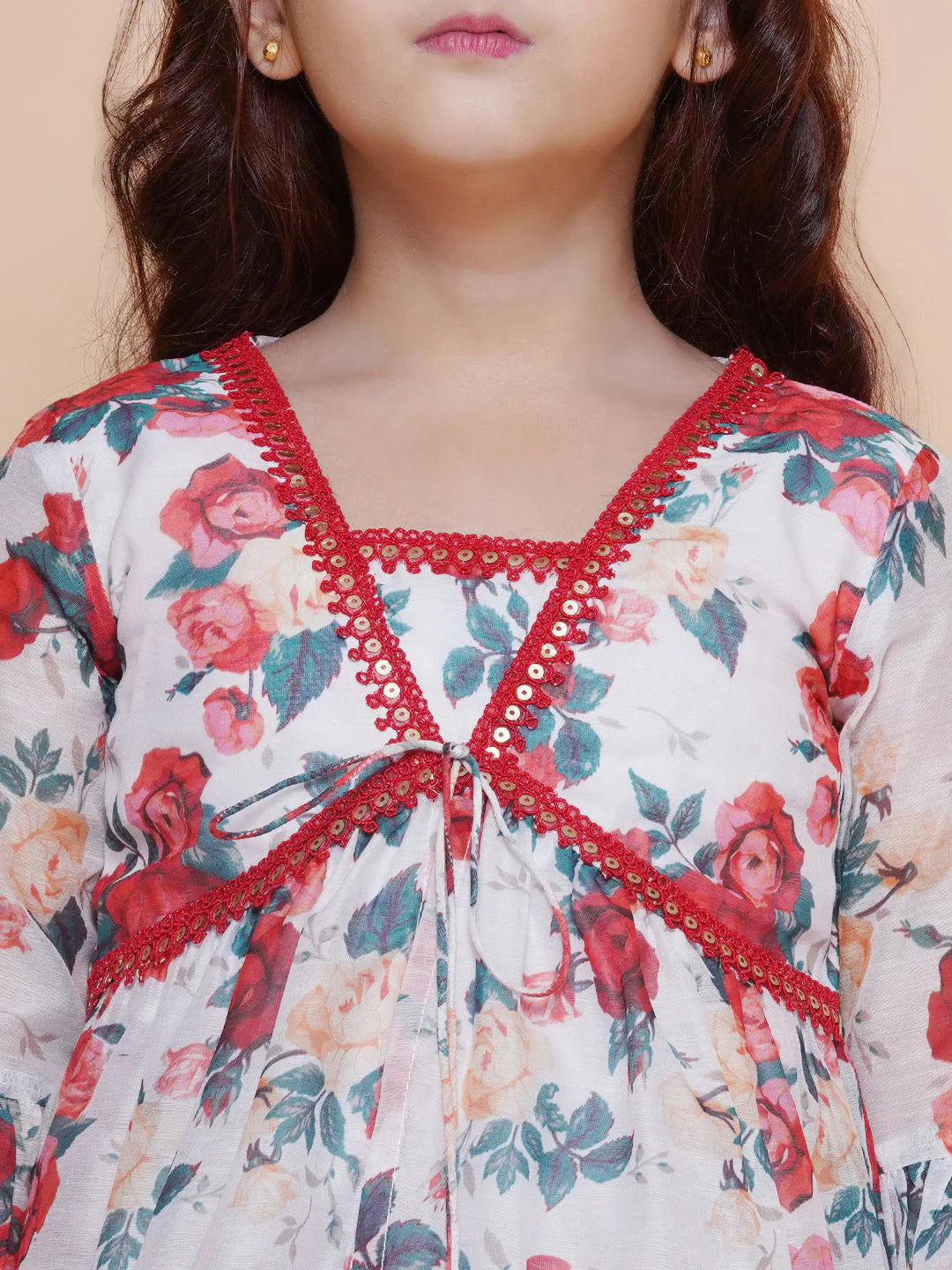 Girls Red Rose Printed Kurta with Sharara