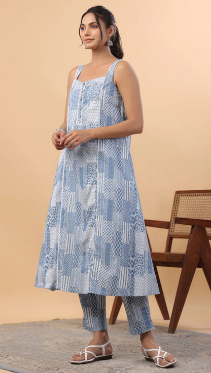 Blue Cotton Ethinc Motifs A-Line Kurta Set