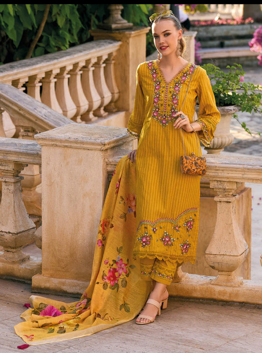 Yellow Embroidered Straight Kurta Trousers With Dupatta set