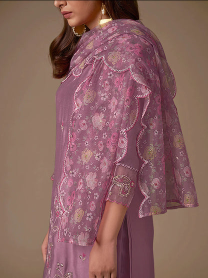 Lavender Embroidered Straight Kurta Trousers With Dupatta Set