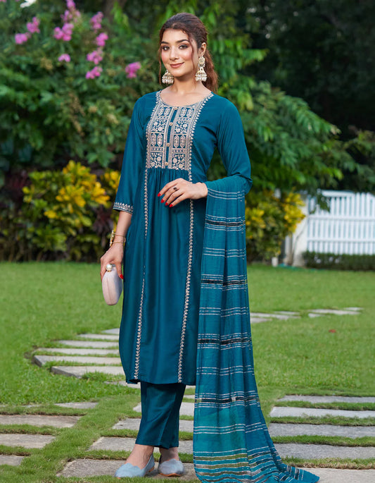 Teal Embroidered Straight Kurta Trousers With Dupatta Set