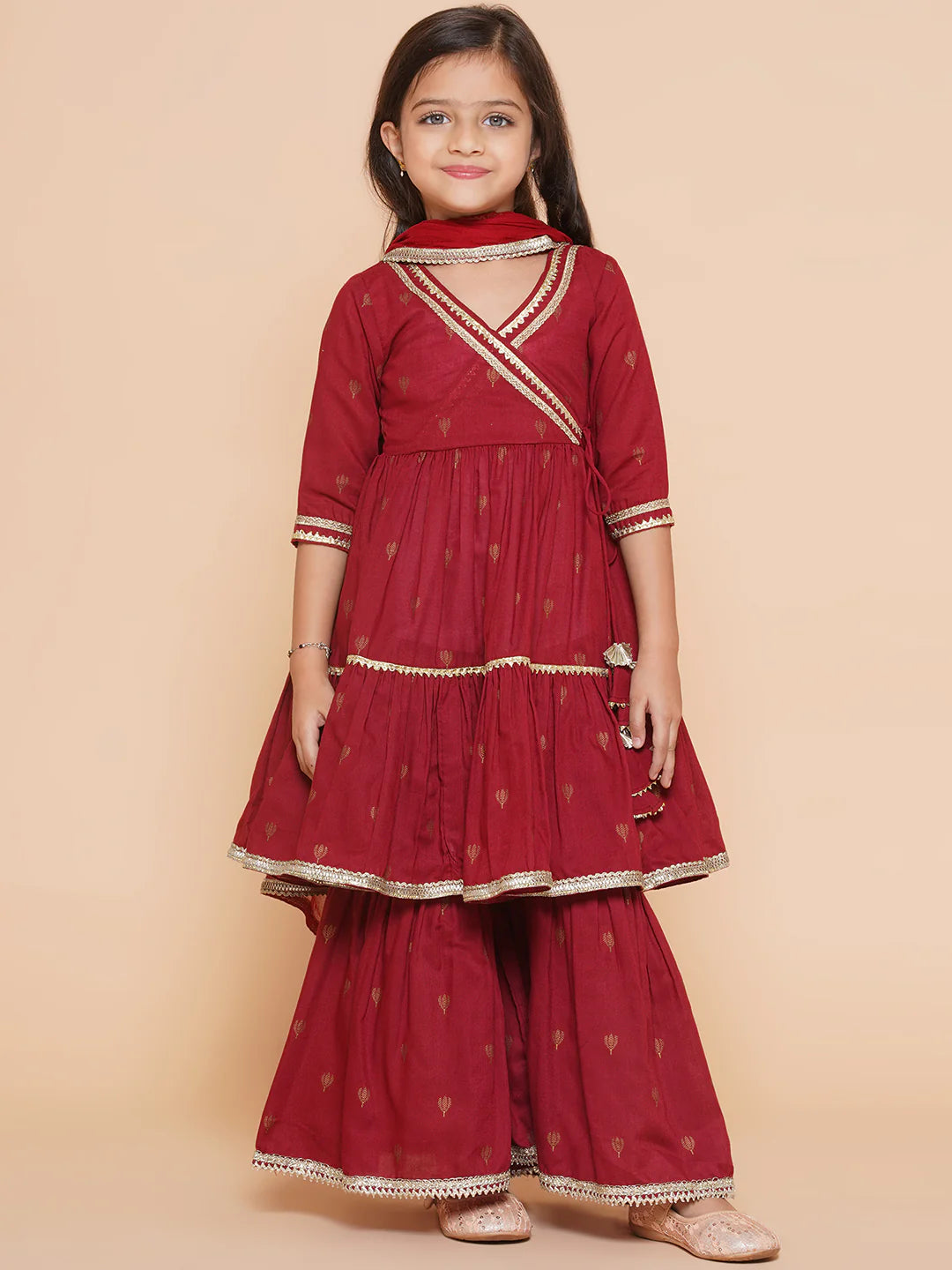 Girls Maroon Ethnic Motifs Printed Angrakha Gotta Patti Kurta Sharara & Dupatta