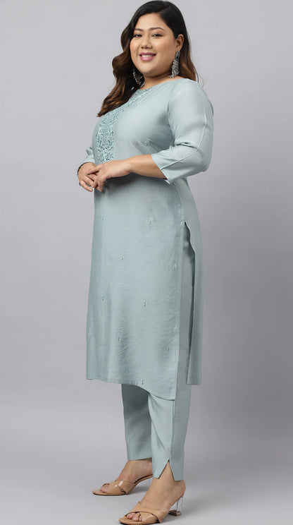 Dusty Blue Chinon Embroidered Kurta with Pant and Dupatta