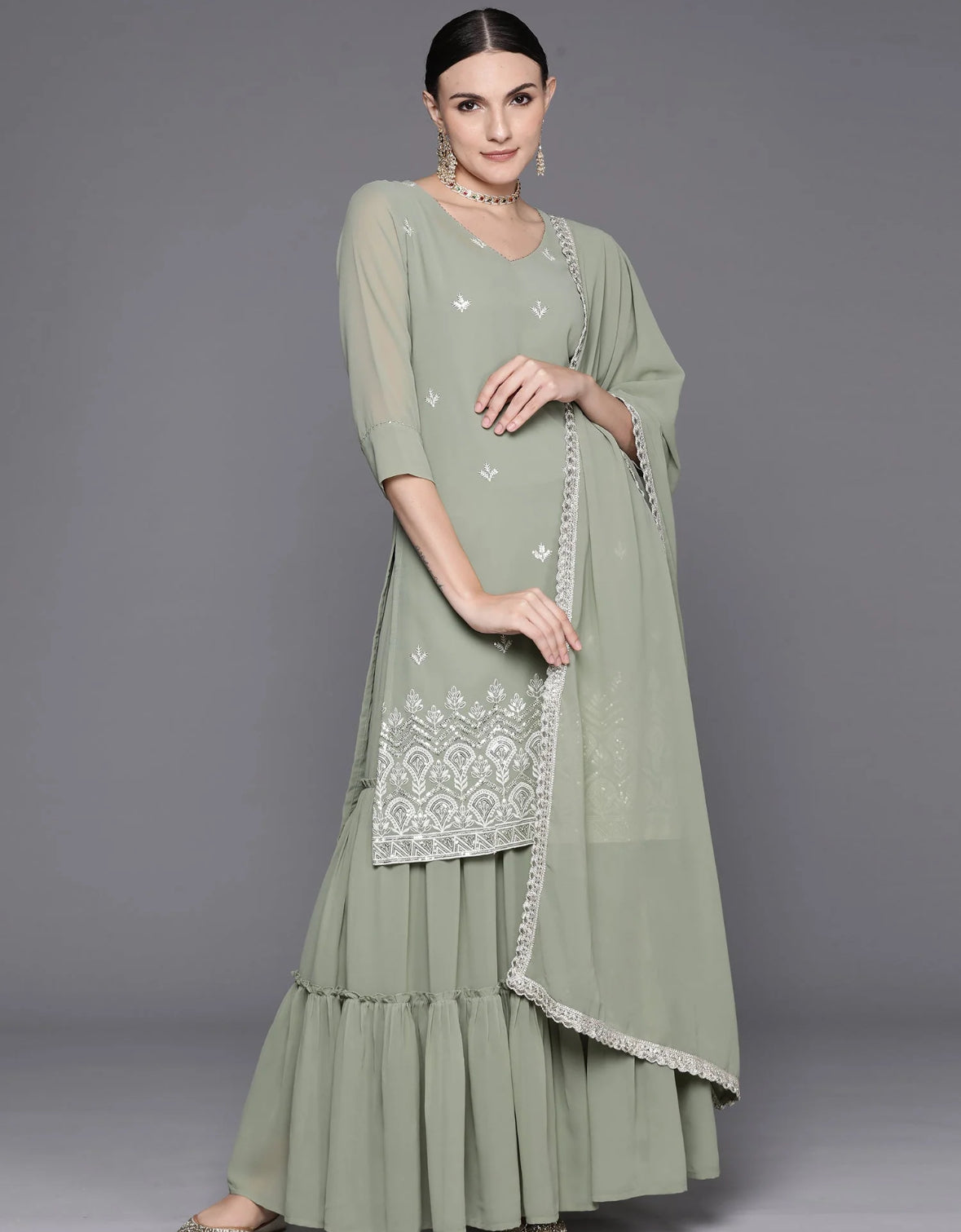 Sea Green Embroidered Straight Kurta Sharara With Dupatta Set