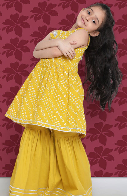 Girls Yellow Bandhani Printed A-Line Kurta with Sharara