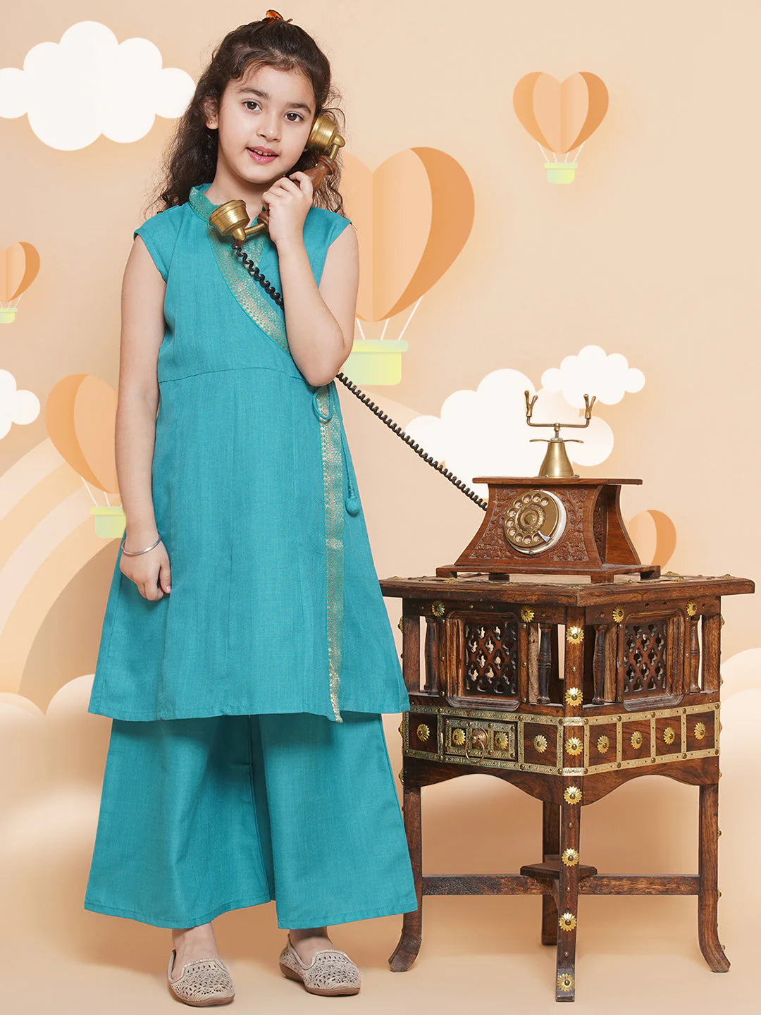 Girls Sea Green Angrakha Kurta With Palazzos