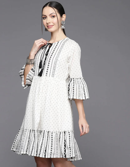 White Printed Tie-Up Neck Bell Sleeves A-Line Dress