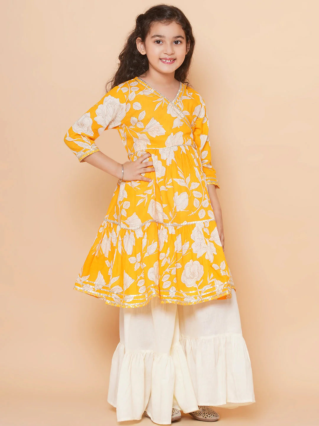 Girls Yellow Floral Printed Angrakha Gotta Patti Kurta With Sharara