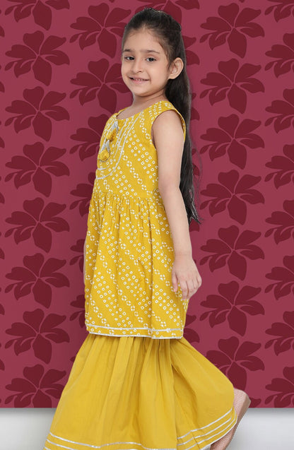 Girls Yellow Bandhani Printed A-Line Kurta with Sharara