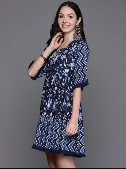 Blue Floral Print Tie-Up Neck Flared Sleeves A-Line Ethnic Dress