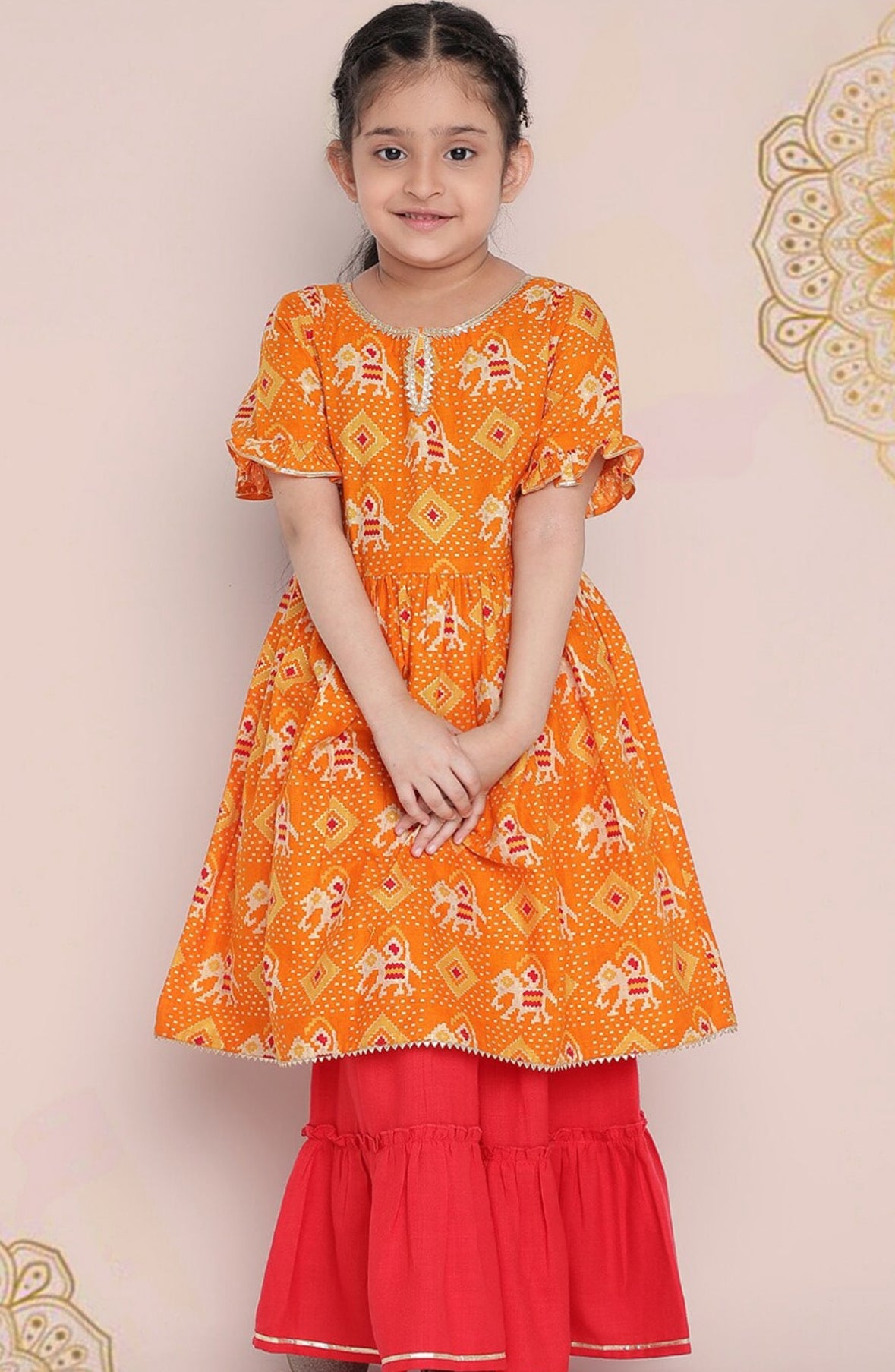 Girls Yellow Ethnic Motifs Printed Empire Gotta Patti Kurta With Sharara