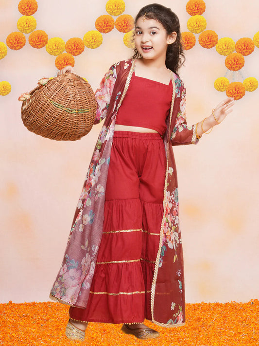 Girls Maroon Cami Saharara with Floral printed shrug