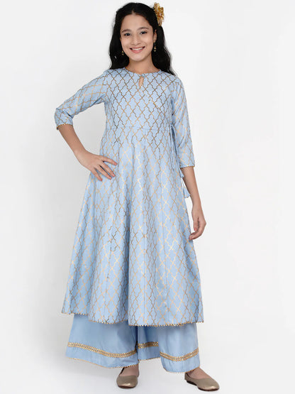 Girls Blue Printed Regular Kurta With Palazzos