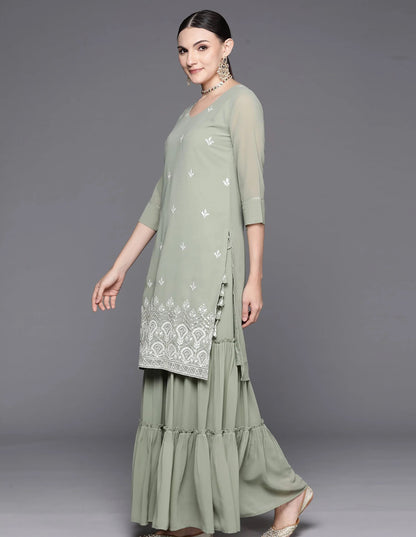 Sea Green Embroidered Straight Kurta Sharara With Dupatta Set