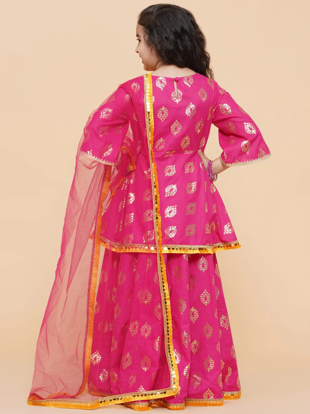 Girls Pink Foil Printed Ready To Wear Lehenga & Blouse With Dupatta