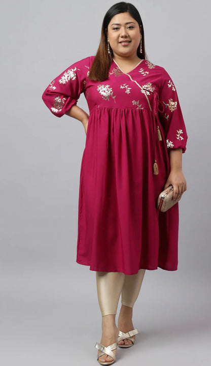 Magenta Poly Crepe Foil Floral Print Angrakha Kurta