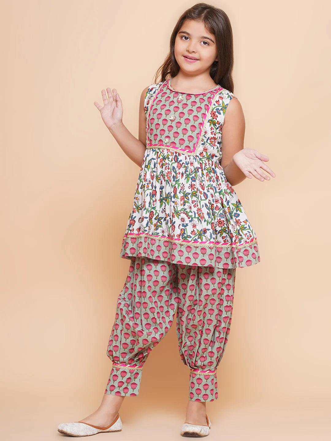 Girls Off white Printed Short Kurta with Afgani Salwar.