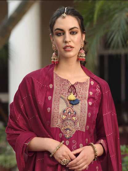 Burgundy Embroidered Straight Kurta Trousers With Dupatta Set