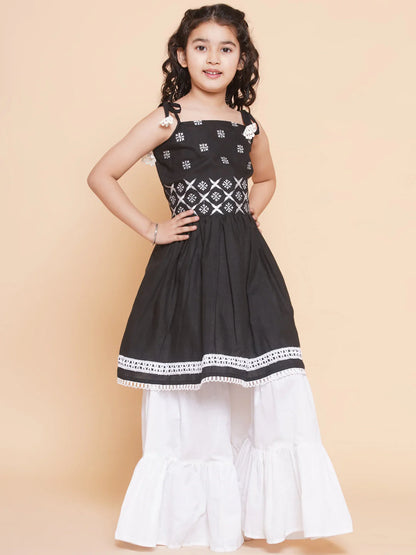 Girls Black Ethnic Motifs Embroidered Kurta With White Sharara